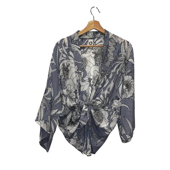 Akemi + Kin ANTHROPOLOGIE Floral & Striped Long Sleeve Wrap Women's Top Size M - Picture 1 of 7